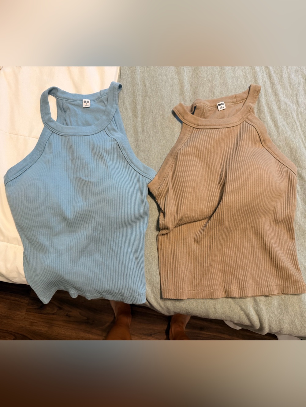 Uniqlo Ribbed Tank Tops in Light Blue and Tan